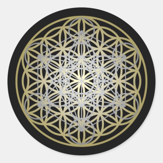 Silver Metatron's Cube Gold Flower of Life Ronde Sticker (Voorkant)