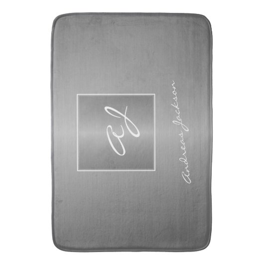 Silver Metlic modern script monogram naam Badmat (Voorkant Verticaal)