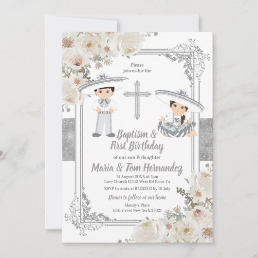 Silver Mexican Baptism en Birthday Fiesta Twin Kaart (Voorkant)