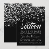 Silver Midnight Glam Sweet 16 Birthday Party Save The Date (Voorkant / Achterkant)