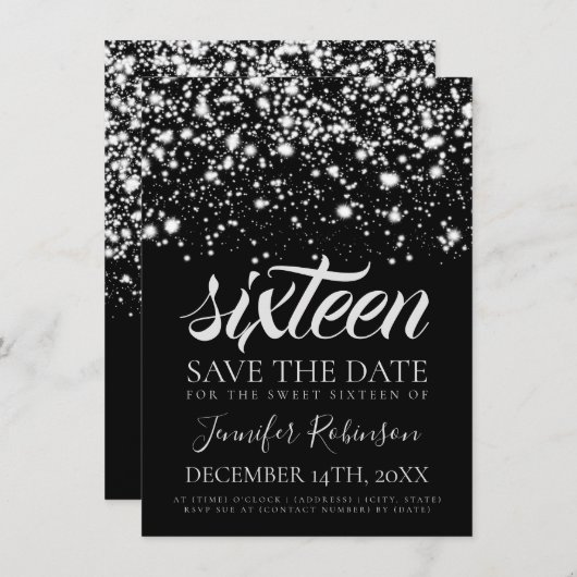 Silver Midnight Glam Sweet 16 Birthday Party Save The Date (Voorkant / Achterkant)