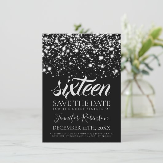 Silver Midnight Glam Sweet 16 Birthday Party Save The Date (Staand voorkant)