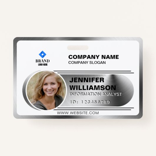 Silver Minimalist Business QR Employee Photo ID Ba Badge (Voorkant)