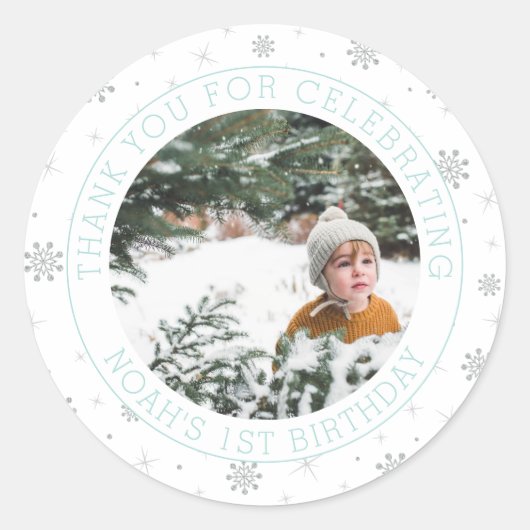 Silver & Mint Snowflake | Foto 1e verjaardag Ronde Sticker (Voorkant)