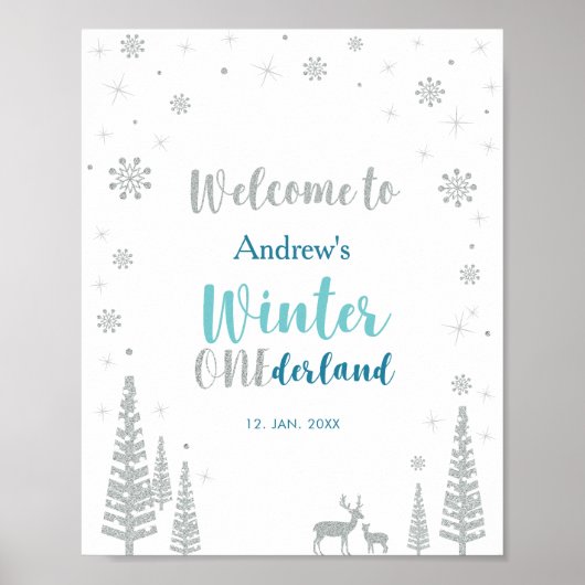 Silver Mint Winter Boy Birthday Party Welcome Sign Poster (Voorkant)