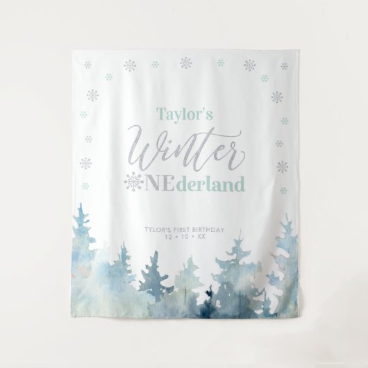 Silver & Mint Winter onderland 1e verjaardag Wandkleed (Voorkant)