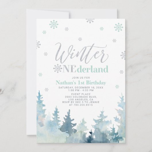 Silver & Mint Winter onederland 1e verjaardagsfees Kaart (Voorkant)
