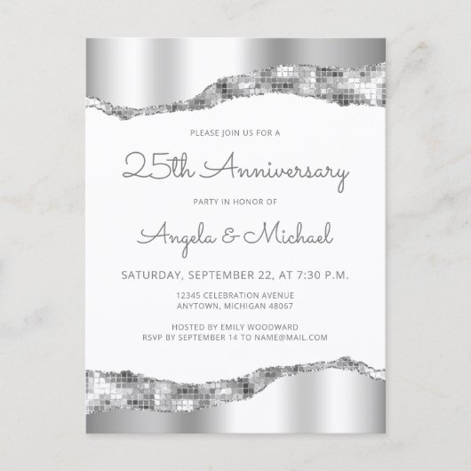 Silver Mirror Foil 25th Anniversary Invitation Briefkaart (Voorkant)