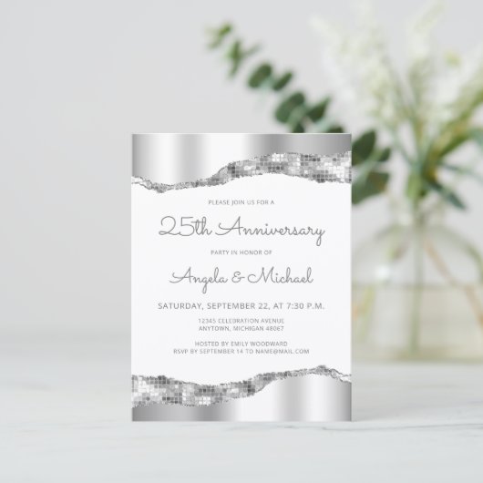 Silver Mirror Foil 25th Anniversary Invitation Briefkaart (Staand voorkant)