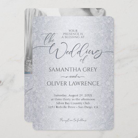 Silver Modern Damask foto bruiloft uitnodiging (Voorkant / Achterkant)