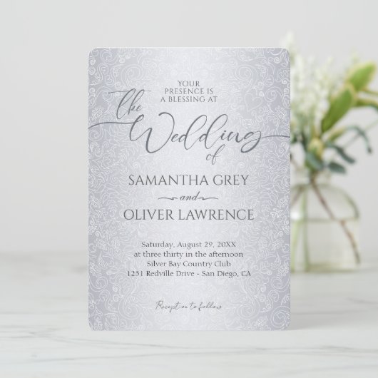 Silver Modern Damask foto bruiloft uitnodiging (Staand voorkant)