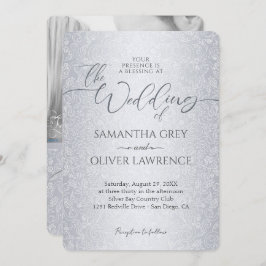 Silver Modern Damask foto bruiloft uitnodiging