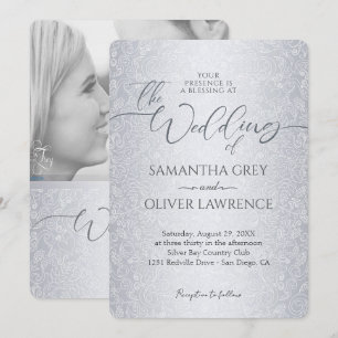 Silver Modern Damask foto bruiloft uitnodiging