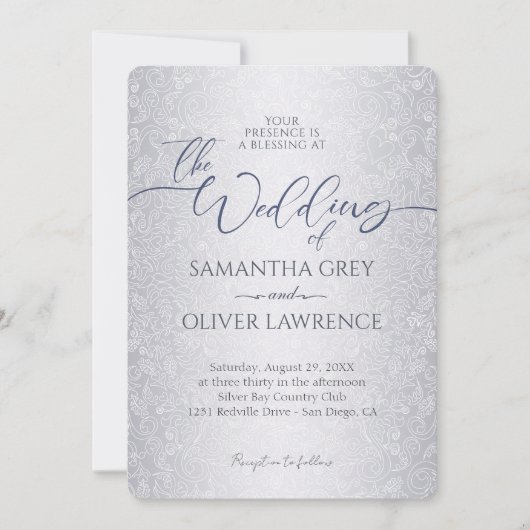 Silver Modern Damask Uitnodiging voor een bruiloft (Voorkant)
