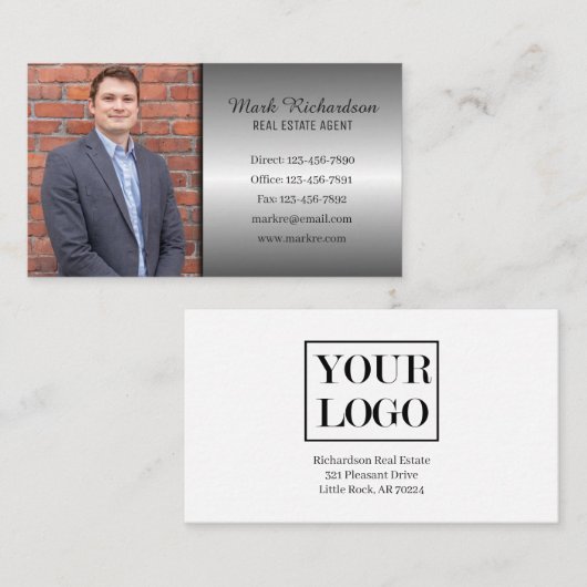 Silver Modern Real Estate Agent Simple Photo Logo Visitekaartje (Voorkant / Achterkant)