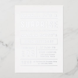 Silver Modern Simple Typography Surprise Birthday Folie Uitnodiging