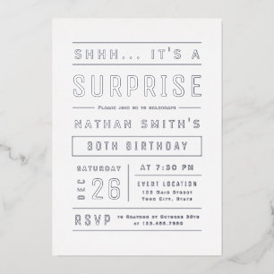 Silver Modern Simple Typography Surprise Birthday Folie Uitnodiging