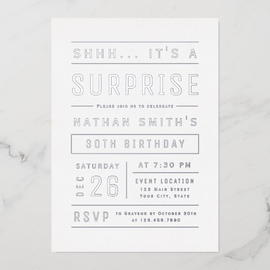 Silver Modern Simple Typography Surprise Birthday Folie Uitnodiging (Voorkant)