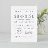 Silver Modern Simple Typography Surprise Birthday Folie Uitnodiging (Staand Voorkant)