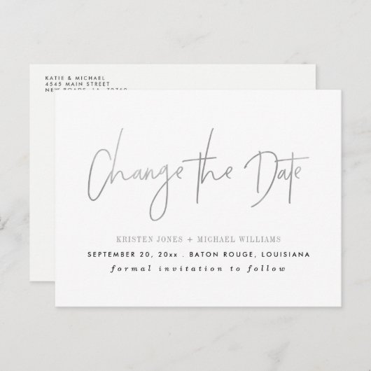 Silver Modern Wijzig de datum Aankondigingskaart (Voorkant / Achterkant)