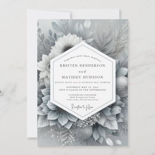 Silver Monochromatic Bloom Wedding Kaart (Voorkant)