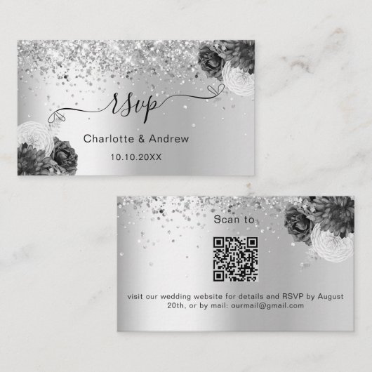 Silver monochrome trouwwebsite RSVP QR-code Informatiekaartje (Voorkant / Achterkant)