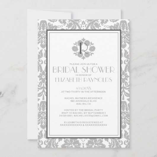 Silver Monogram Damask Bridal Shower Invitations Kaart (Voorkant)