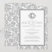 Silver Monogram Damask Bridal Shower Invitations Kaart (Voorkant / Achterkant)