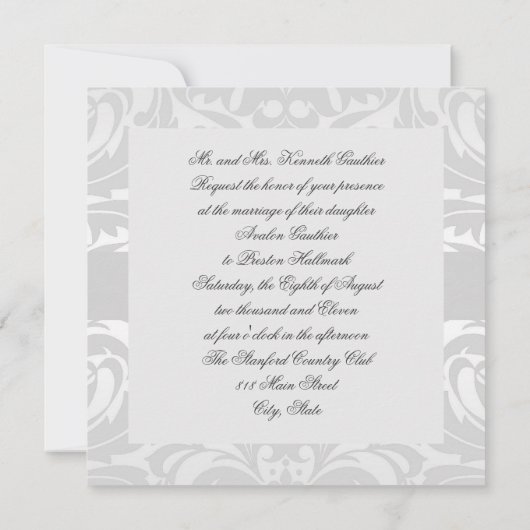 Silver Monogram Damask Wedding Uitnodiging (Achterkant)