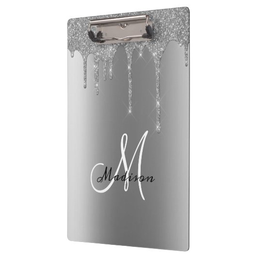 Silver Monogram Glitter Drips naam Klembord (Links)