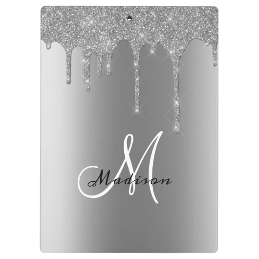 Silver Monogram Glitter Drips  naam Klembord (Achterkant)