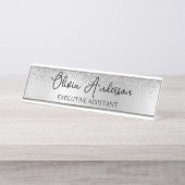 Silver Monogram Glitter Sparkle Girly Script Bureau Naambordje (Voorkant)