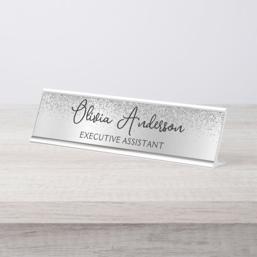 Silver Monogram Glitter Sparkle Girly Script Bureau Naambordje (Voorkant)
