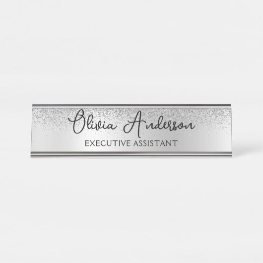 Silver Monogram Glitter Sparkle Girly Script Bureau Naambordje (Voorkant)