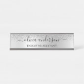 Silver Monogram Glitter Sparkle Girly Script Bureau Naambordje (Voorkant)