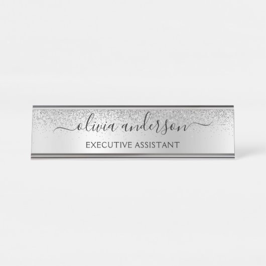 Silver Monogram Glitter Sparkle Girly Script Bureau Naambordje (Voorkant)