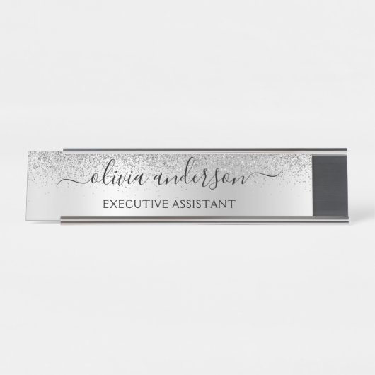 Silver Monogram Glitter Sparkle Girly Script Bureau Naambordje (Voorkant)