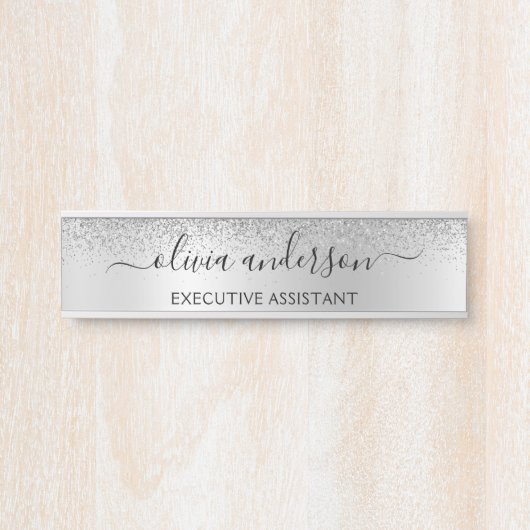 Silver Monogram Glitter Sparkle Girly Script Deurbordje (Voorkant)