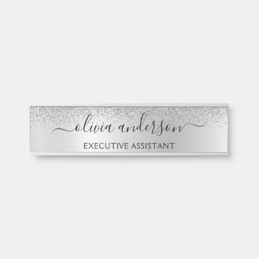 Silver Monogram Glitter Sparkle Girly Script Deurbordje (Voorkant)