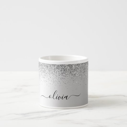 Silver Monogram Glitter Sparkle Girly Script Espresso Kop (Voorkant)