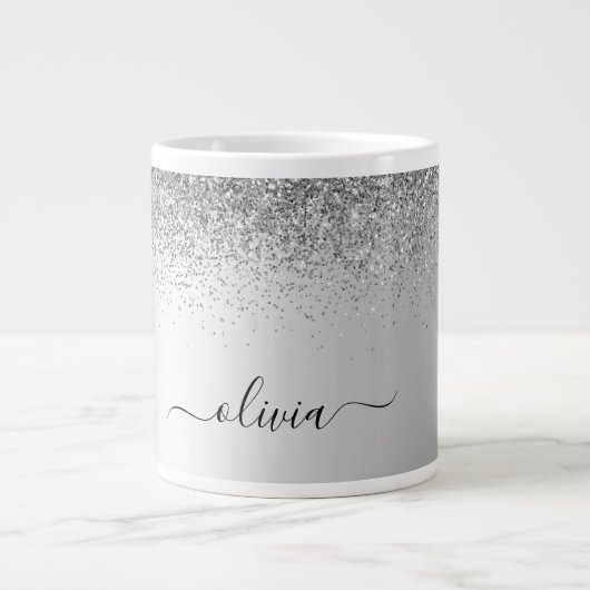 Silver Monogram Glitter Sparkle Girly Script Grote Koffiekop (Voorkant)