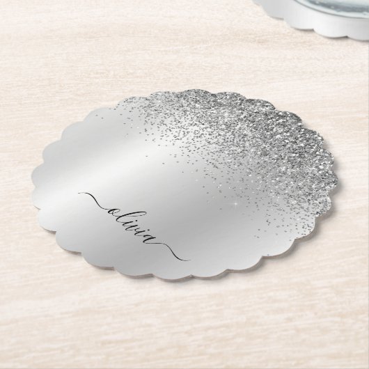 Silver Monogram Glitter Sparkle Girly Script Kartonnen Onderzetters (Gekanteld)