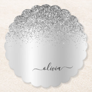 Silver Monogram Glitter Sparkle Girly Script Kartonnen Onderzetters