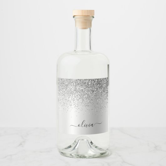 Silver Monogram Glitter Sparkle Girly Script Likeurfles Etiket (Voorkant)
