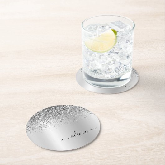 Silver Monogram Glitter Sparkle Girly Script Ronde Kartonnen Onderzetter (Insitu)