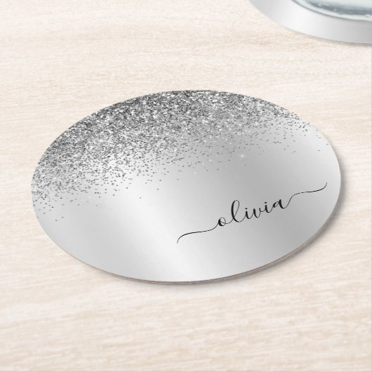 Silver Monogram Glitter Sparkle Girly Script Ronde Kartonnen Onderzetter (Gebogen)