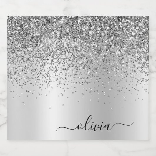 Silver Monogram Glitter Sparkle Girly Script Sparkling Wijnetiket (Enkel label)