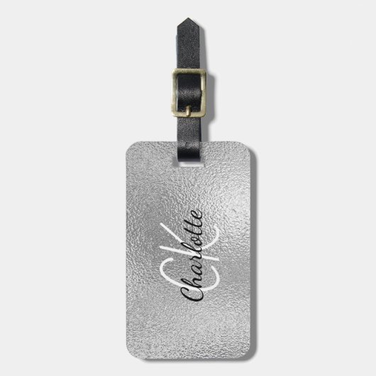 Silver monogram initiaal name script bagagelabel (Voorkant verticaal)
