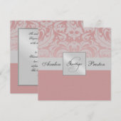 Silver Monogram Linen Damask Pink Uitnodiging (Voorkant / Achterkant)