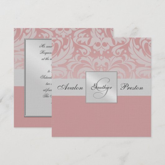Silver Monogram Linen Damask Pink Uitnodiging (Voorkant / Achterkant)